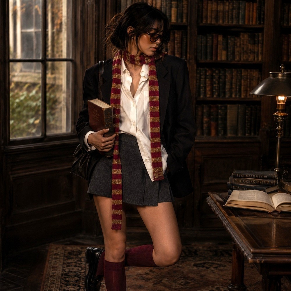 Burgundy Gold Striped Knit Skinny Scarf Wizard School Halloween Costume Y2K